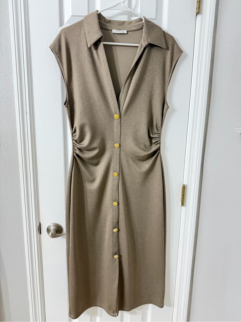 Zara Taupe Collared Midi Dress with Gold Buttons